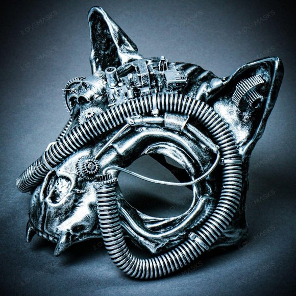 Silver Steampunk Vampire Skull Cat Face Party Mask - Picture 5 of 8
